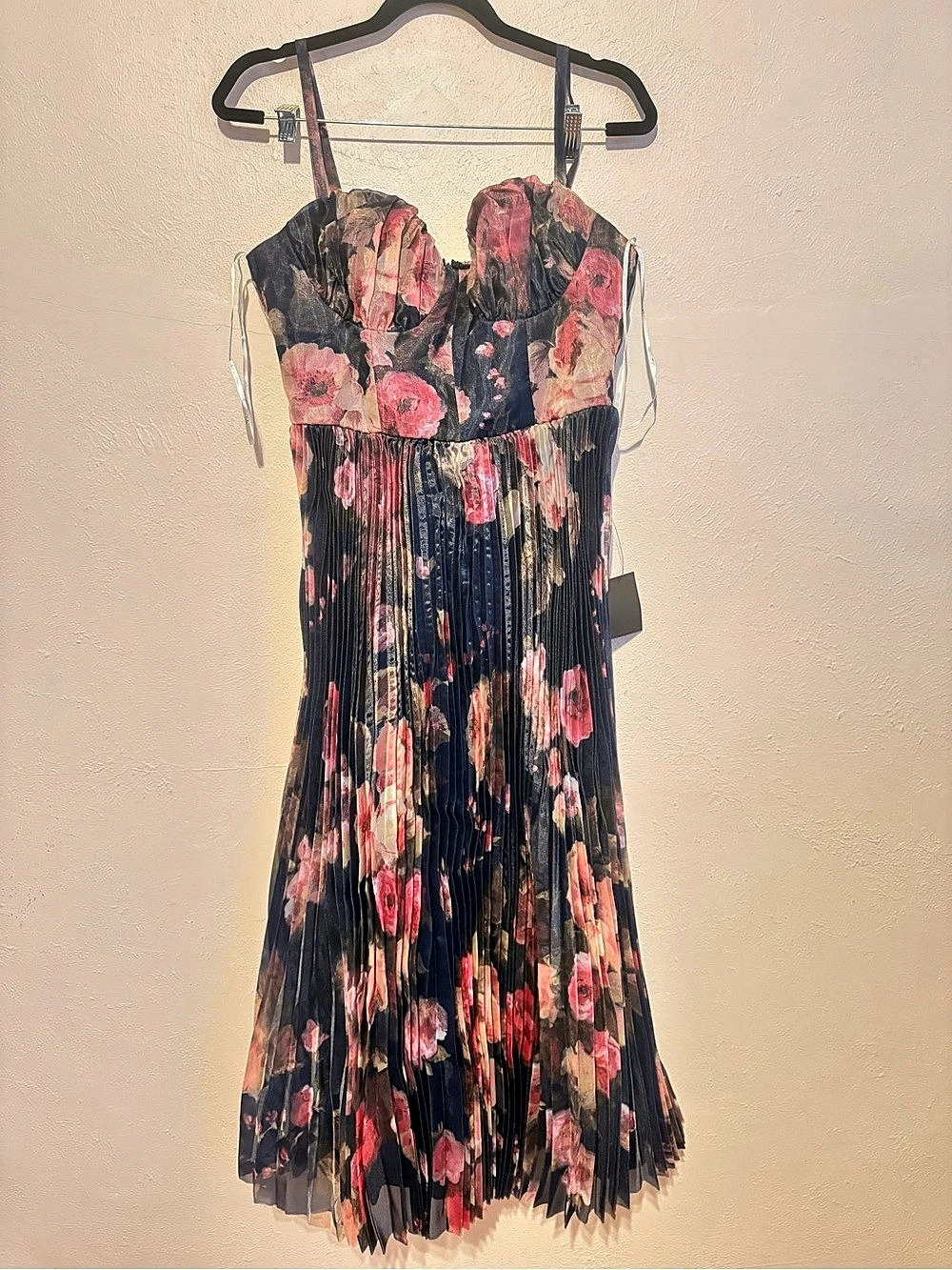 Alluring Invite Midnight Blue Floral Pleated Bustier Midi Dress